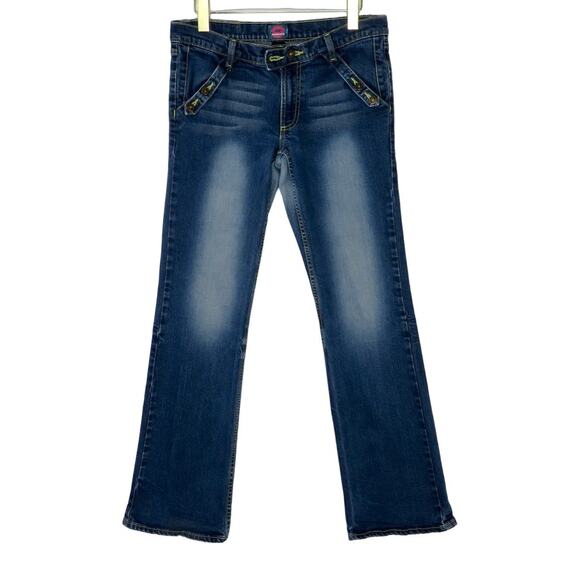 Y2k Vintage Fiorucci Angels Patch Low Rise Distressed Flared Jeans Size 11 29" - Picture 6 of 9